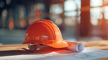 Safety Helmet Resting on Detailed Blueprint for Construction Planning and Design