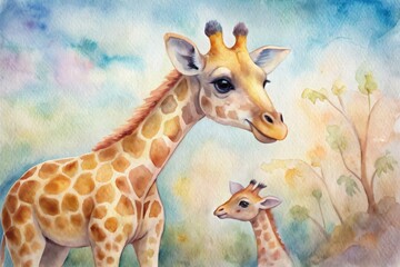 Adorable giraffe mother and baby in a watercolor style.