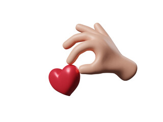 3D cartoon hand hold or giving heart isolated on transparent background. Valentine day, Relationship, family and donorship concept. Donation, love or charity for social media. 3d render illustration