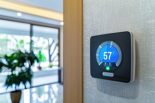 Modern smart thermostat displaying 57 degrees on a wall.