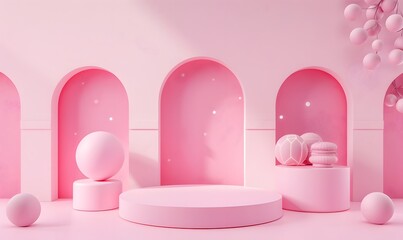 3d render abstract pastel pink background with geometric shapes, round podium and arches in minimal style for product display presentation