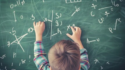 Child solving math problems on chalkboard with enthusiasm showcasing education and learning
