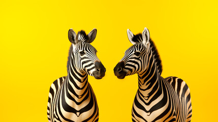 Naklejka premium Two zebras stand together on a yellow background.