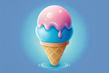 Colorful ice cream cone with blue and pink scoops.