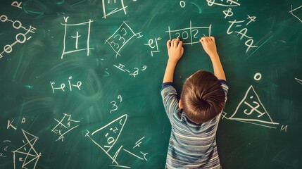 Young boy writing and solving mathematical formulas on a green chalkboard in a classroom setting.
