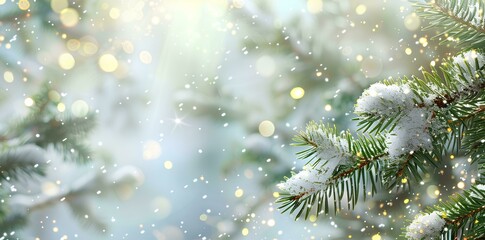 Winter background with snow and pine tree branch. Winter scene for decoration or packaging design. Christmas background with copy space, bokeh light effect, banner, panorama, space for text