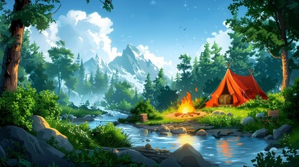 An outdoor camping setup beside a gentle stream with an orange tent, crackling campfire, and scenic mountain backdrop