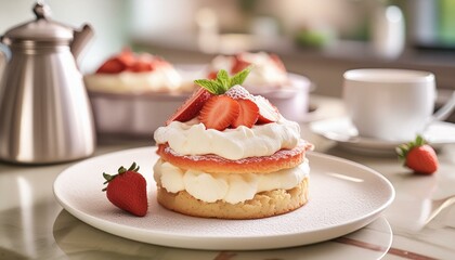Strawberry shortcake with whipped cream dessert on a white plate; modern kitchen counter; close up