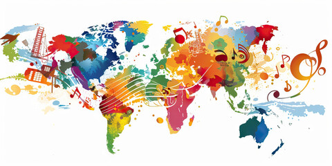 Fototapeta premium Harmony of Cultures: Music Notes with Cultural Symbols and Diversity from Various Regions