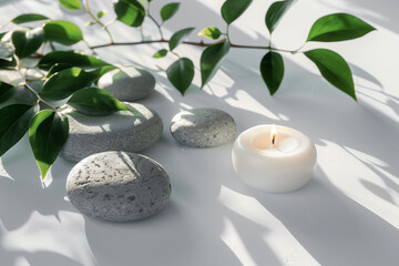Obraz premium Grey spa studio treatment cure rounded stones with leaves burning candle around, relaxing and meditation concept white background.