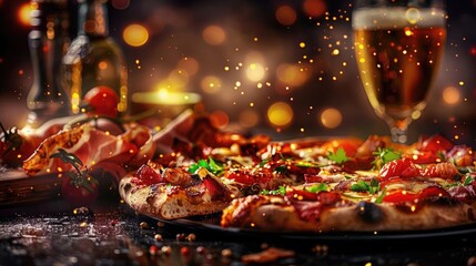 Delicious pizza with fresh toppings and a craft beer, perfect for a cozy meal at an artisan pizzeria with an inviting, warm ambiance.