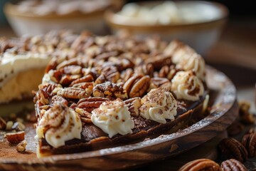 Close-up of a delicious pecan pie topped with whipped cream and nuts, served on a wooden table, perfect for dessert lovers.