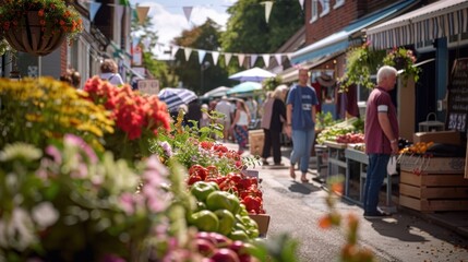 Naklejka premium Colorful farm market in a sunny village street with flowers, fruits, and veggies all around, inviting people to shop and enjoy the day.