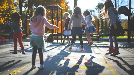 Children playing hopscotch at sunny playground, enjoying outdoor activities on a beautiful day