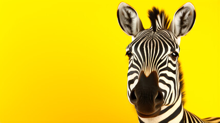 Image of a zebra's face standing and looking There is free space on the yellow background.