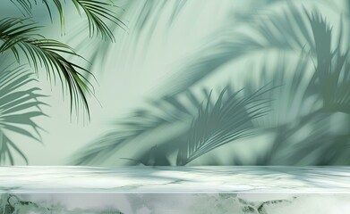 Abstract background with a white marble table and a palm leaf shadow on a pastel green wall, empty space for product presentation display mockup. Summer concept