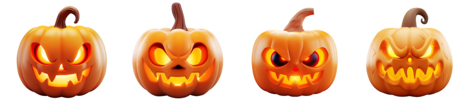 A set of creepy pumpkins with a sinister smile and teeth in a 3D cartoon style or a pumpkin head for Halloween in the form of a toy, character rendering, carved background