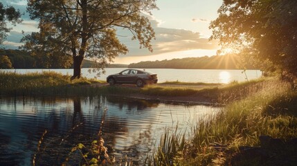 Obraz premium Serene sunset by the lake with a parked car, showcasing tranquility and nature's beauty while reflecting calm waters and a picturesque landscape.