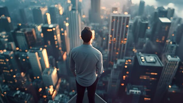 A man stands on a high vantage point, overlooking a sprawling urban cityscape at dusk, symbolizing ambition, perspective, and the vast possibilities of urban life.