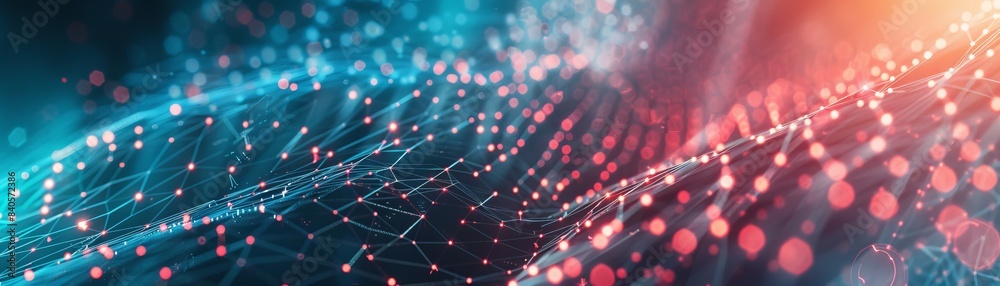 Poster Abstract futuristic digital wave with connecting dots and lines in vibrant colors, showcasing modern technology and data visualization.