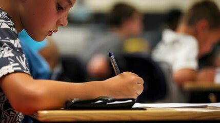 Young boy focusing on his schoolwork in a busy classroom setting, with peers in the background.