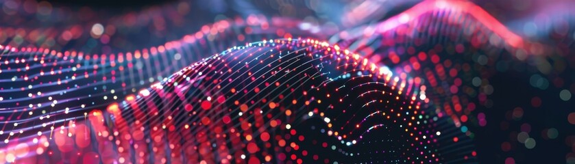 Fototapeta premium Abstract digital wave pattern with glowing red and blue lights, representing data and technology in a vibrant and futuristic design.