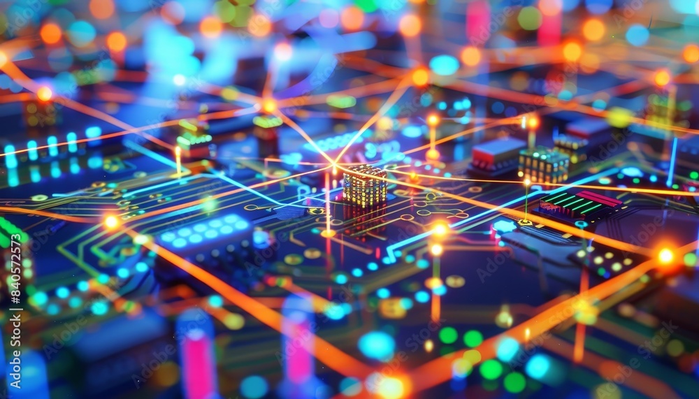 Poster Close-up of a vibrant, colorful computer motherboard or circuit board with glowing wires and electronic components.