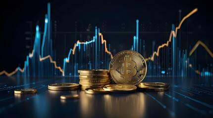 A 3D coin background with a blue finance graph and investment bar, showcasing growth and success in the stock market with technology and currency reports. Wealth money bitcoin return profits business