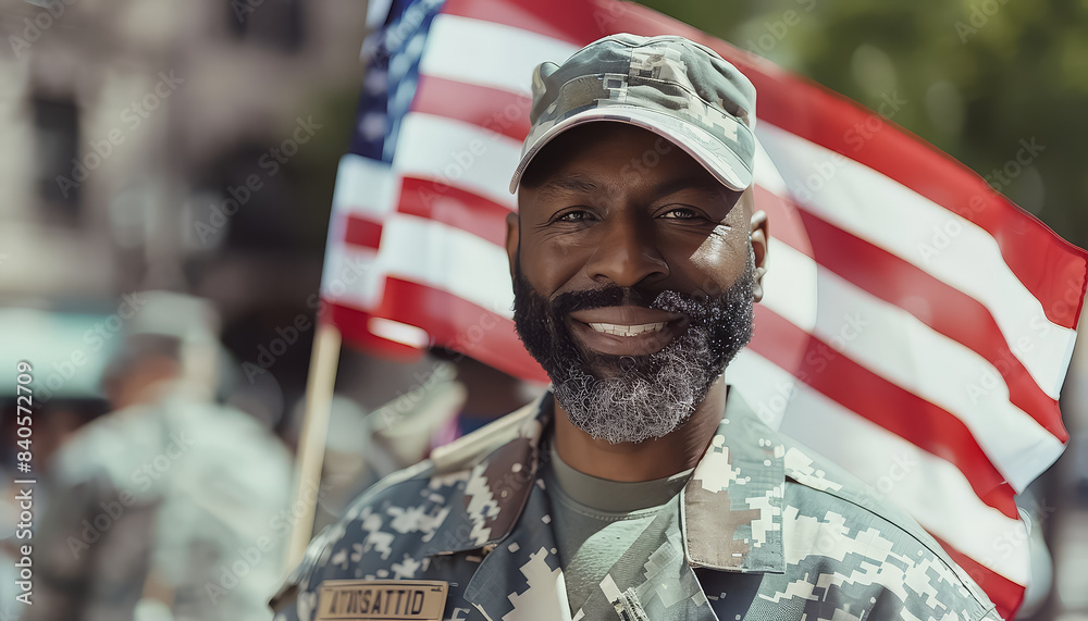 Wall mural a man in a military uniform is smiling and holding a flag