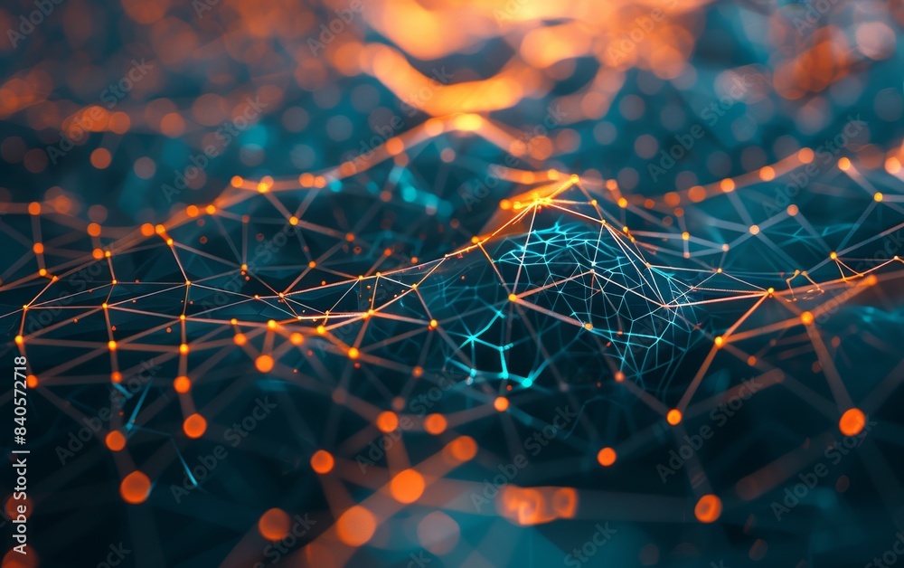 Poster futuristic digital grid network with glowing orange and blue lights, representing data connections, 