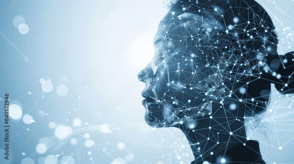 Fototapete silhouette of a woman with digital connections and data points, symbolizing ai and technology integr