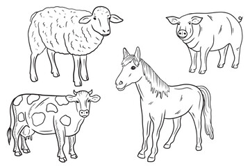 Set of domestic animals - cow, sheep, horse, pig standing isolated on white background. Hand drawn vector sketch illustration in doodle engraved line art style. Concept of farm, village.