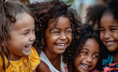 Group of happy children with different race and diversity laughing and playing together outdoors in summer
