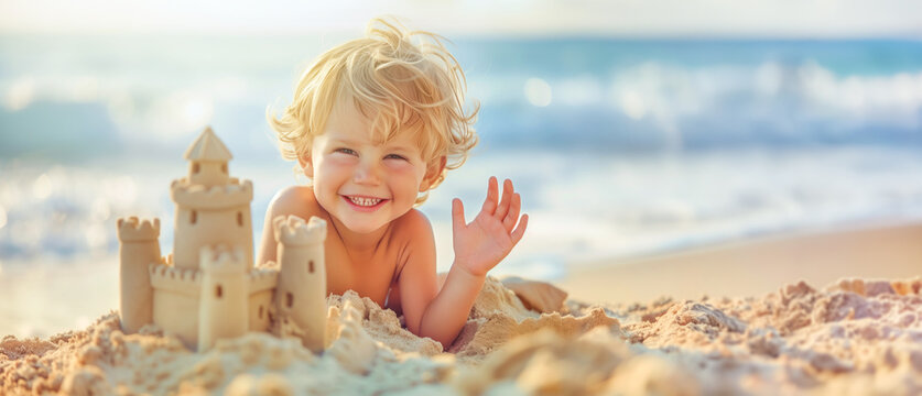 A smiling curly-haired boy on the beach is building a sandcastle and waves his hand against the background of the sunny sea. The concept of summer resort rest..jpg