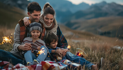 A family of four sits on a grassy hillside, holding sparklers