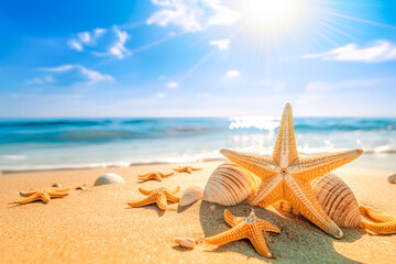 On the seashore, on the golden sand, there are large seashells and starfish, which are beautifully illuminated by the sun. In the background is the blue sky and the sea that sparkles in the sun.