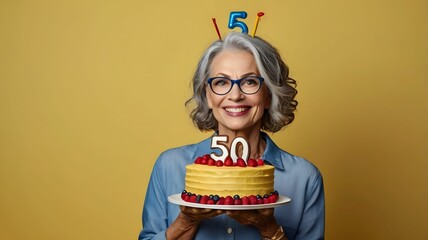Middle-aged 50 years old woman holding 50th happy birthday cake with number 50, to celebrate coming of age in midlife happily, on yellow background