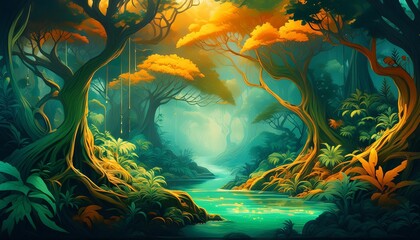 A captivating forest scene with a magical atmosphere. A stream winds through lush greenery and golden light filters through the canopy, creating a sense of wonder and enchantment. 