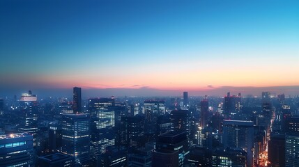 Obraz premium Panoramic Cityscape Transitioning from Day to Night with Illuminated Skyline and Changing Sky