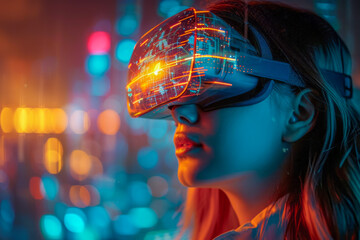 Woman wearing virtual reality glasses with a VR head unit shrouded in digital data and neural networks. looks straight. Neon blue, purple and orange light. Generative AI.jpg