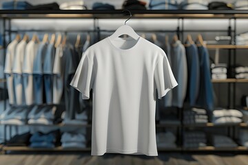 Minimalist white t-shirt hanging on a rack in a modern clothing store, with an organized background of folded clothes and garments.