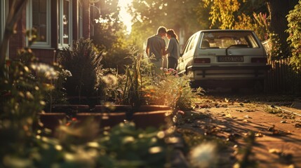 Naklejka premium Couple walking hand in hand down a sunlit garden path with an old car parked nearby