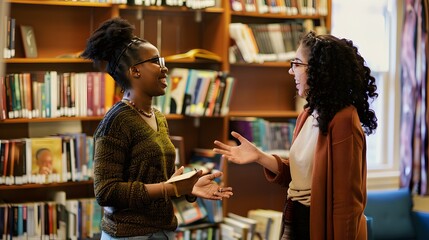 Two women having an engaging conversation in a library, surrounded by shelves filled with books.