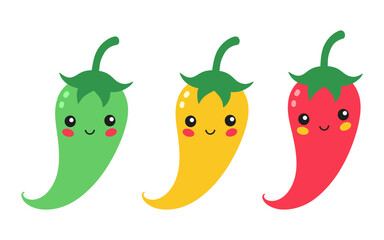 chilli pepper with cute face collection, green, yellow and red,  spicy jalapeno chilly vector illustration, isolated on white background