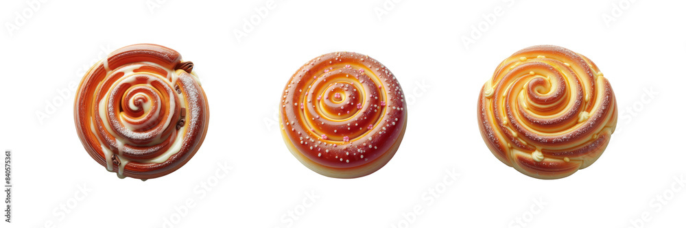 Poster Set of Sweet cinnamon bun rolls in top view isolated over on transparent white background