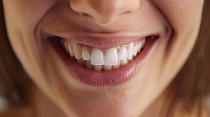 Fototapeta premium A closeup of a womans smiling mouth with bright teeth,