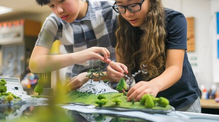 Two young students collaboratively work on a detailed diorama project in a classroom setting.