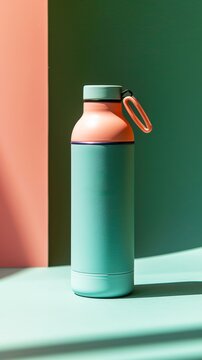 A matte teal and peach color water bottle with handle, sitting on an isolated green surface, against pastel pink wall, in the style of product photography, studio lighting, product mockup