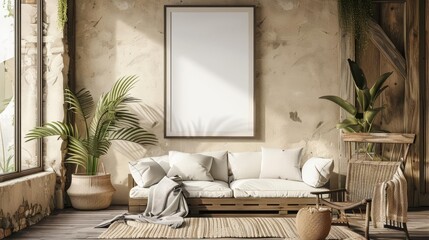 rustic farmhouse living room interior with empty frame mockup 3d rendering