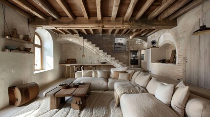 rustic living room with curved ceilings and charming wooden details interior design